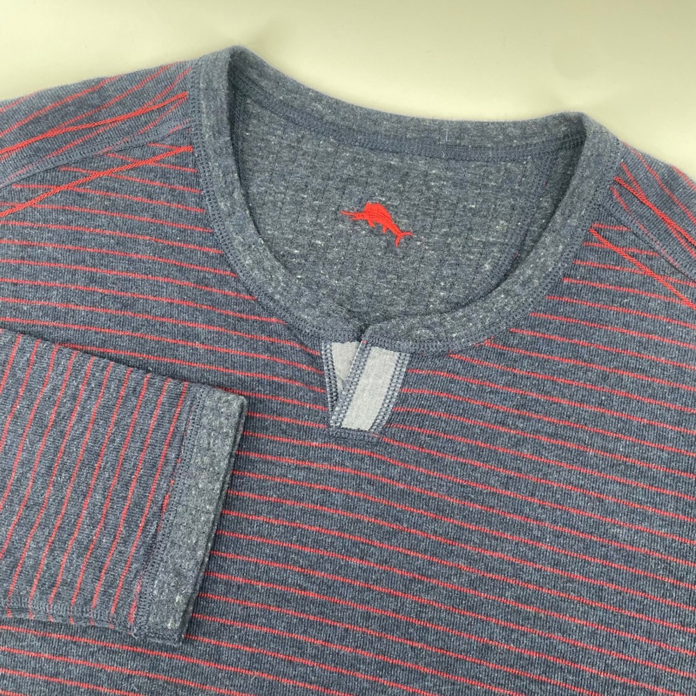 Tommy Bahama Henley Shirt Mens XXL Blue Red Striped Waffle Knit Long Slv Marlin
